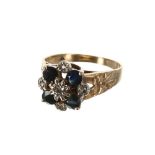 Sapphire and diamond 9ct floral design cluster ring, 12mm, 3.5gm, ring size O