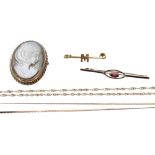 Two 9ct necklets, 9ct stone set brooch, 6.6gm; 9ct mounted cameo brooch and a yellow metal 'M' bar