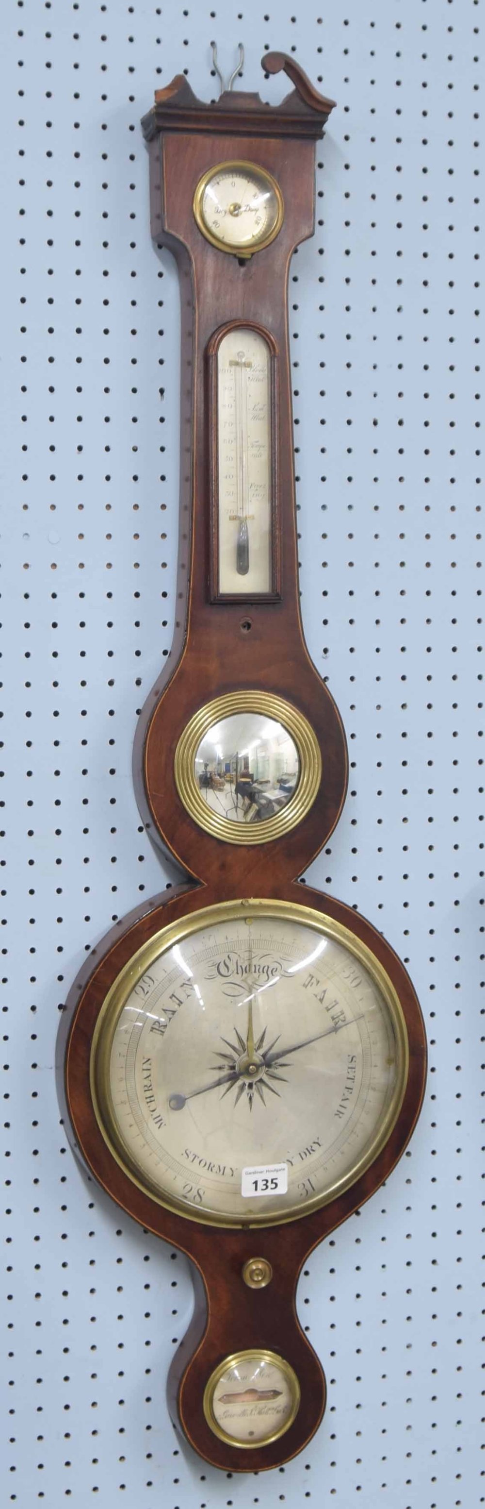19th century mahogany five glass banjo barometer, by Pensa & Son no. 5 Greville Street Hatton