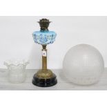 Vintage moulded glass and brass oil lamp with flared engraved shade, duplex, 24.5" high (at fault,