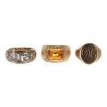 Two 9ct rings and a yellow metal ring, 15gm (3)