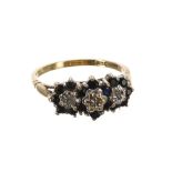 Sapphire and diamond triple cluster ring, width 9mm, 2.9gm,  ring size O