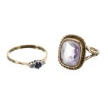 Amethyst 9ct single stone ring in a rope twist setting, 16mm, 3.7gm, ring size N/O; also a 9ct three