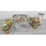 Selection of Continental pottery primarily vases marked Italy; also two Henriot Quimper dishes; also