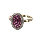 14k oval ruby and diamond cluster ring, 15mm x 12mm, 3.9gm, ring size S