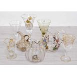 Selection of gilt highlighted and overlaid decorated glass items to include commemorative wares, jug