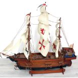 Large wooden scale model of HMS Unicorn, with crested sails, upon display stand, 372 long, 33" high