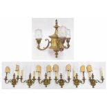 Good large Georgian style gilt three-sconce candelabra, with pressed glass shades, 23" drop, 23"