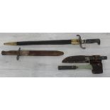 German bayonet, the blade marked Amberg with crown in leather wrapped scabbard stamped 'B3R6', the
