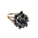 Sapphire and diamond 9ct cluster ring, 16mm, 3gm, ring size N