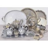 A quantity of plated coffee and tea wares; including trays, pots, jugs etc.