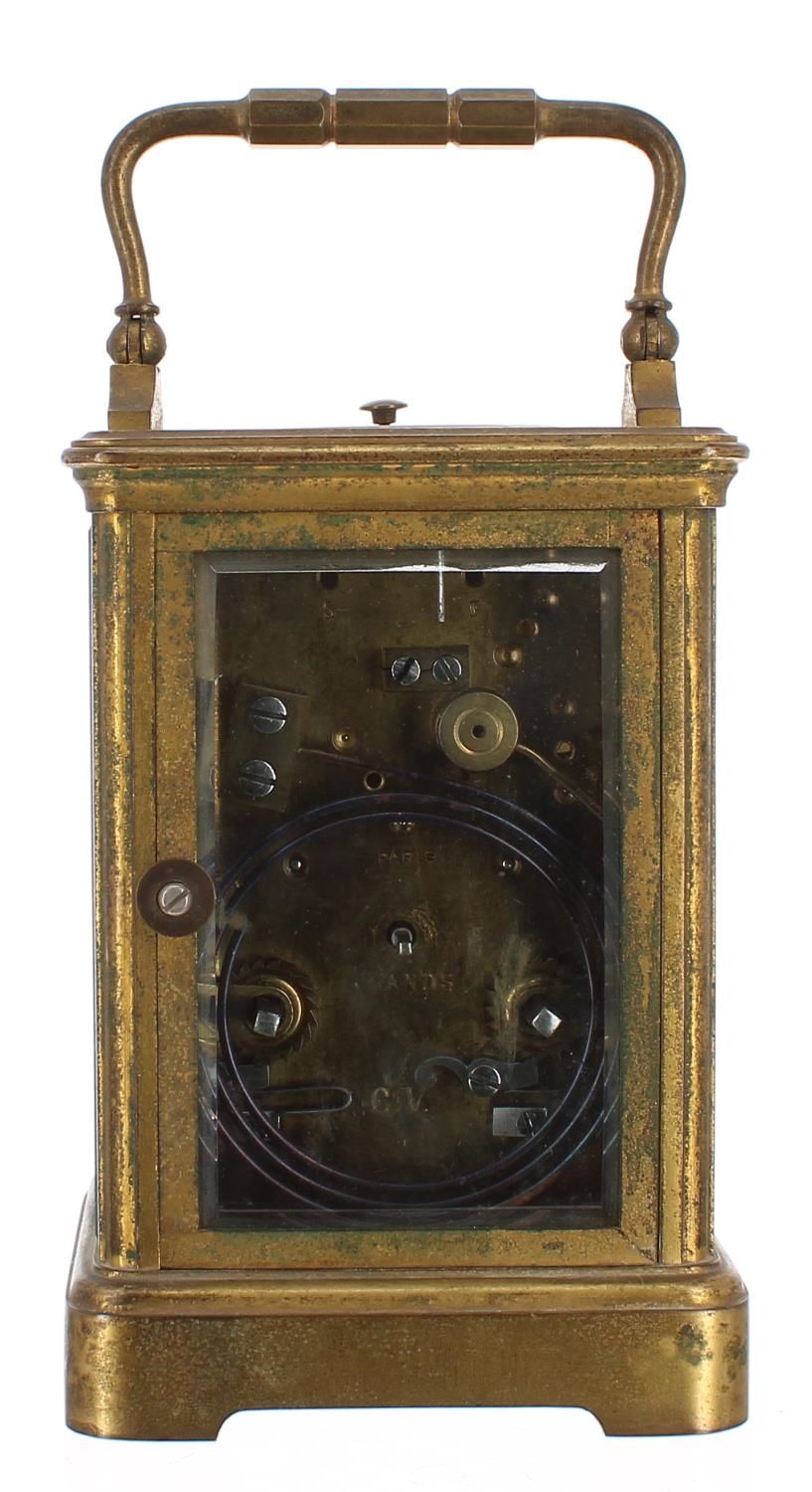 French repeater carriage clock striking on a gong, the movement back plate stamped C.V, no. 31586, - Image 3 of 4