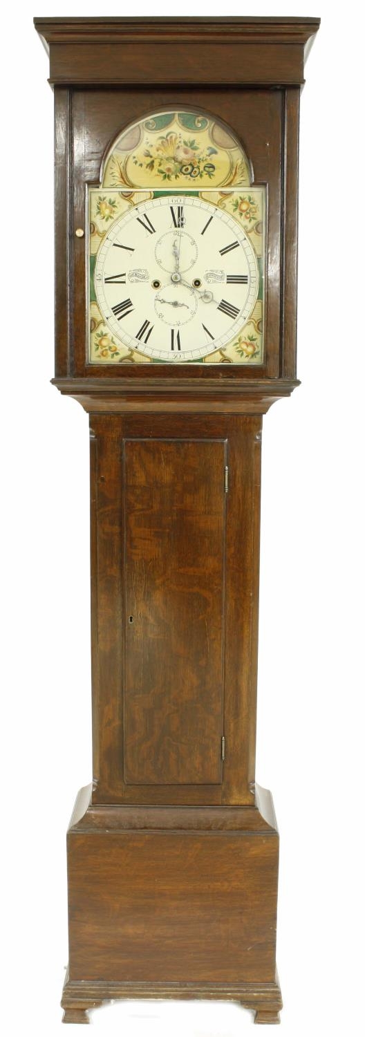 Oak eight day longcase clock, the 14" painted arched dial signed Geo Moore, Cumnock, with subsidiary