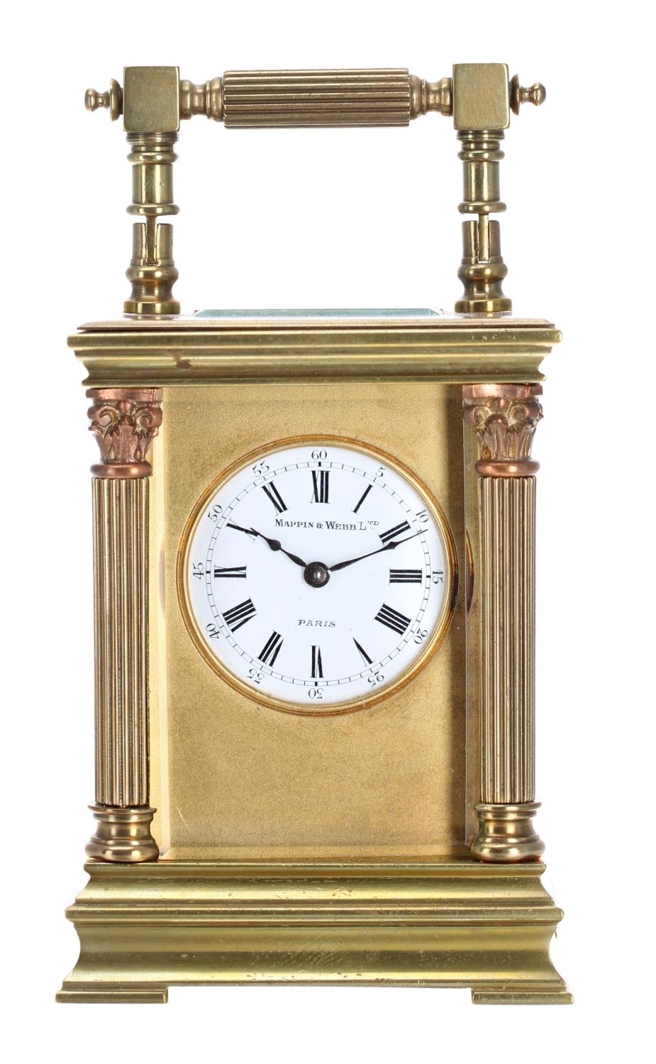 Mappin & Webb small carriage clock timepiece, the 1.5" white enamel dial signed Mappin & Webb Ltd,