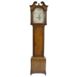 Oak eight day longcase clock, the 12" painted arched dial signed P. Sharp, Coldstream to the