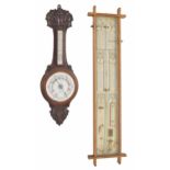 Oak banjo barometer/thermometer, the 8.25" dial signed W. Williams, 29 Castle St, Swansea, within