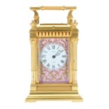 Good porcelain panelled repeater carriage clock, the chapter ring with Roman numerals signed Asprey,