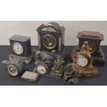 French black slate and grey veined white marble two train mantel clock, the 4.75" slate chapter ring