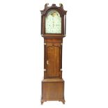 Oak and mahogany three train longcase clock, the 14" painted arched dial signed Henry Bright,