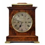 Good English burr walnut double fusee bracket clock, the 6" silvered dial and movement back plate