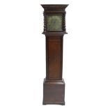 Oak thirty hour longcase clock, the 10" square brass dial with brass chapter ring enclosing a matted
