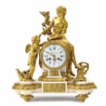 Good French ormolu and white marble two train figural mantel clock, the 4.75" convex white dial