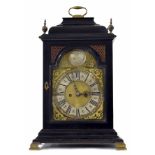 English ebonised double fusee bracket clock, the 8" brass arched dial with silvered chapter ring