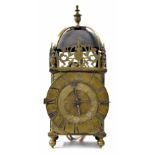 Fine and rare second period hoop and spike brass lantern clock, signed on the lower front heraldic