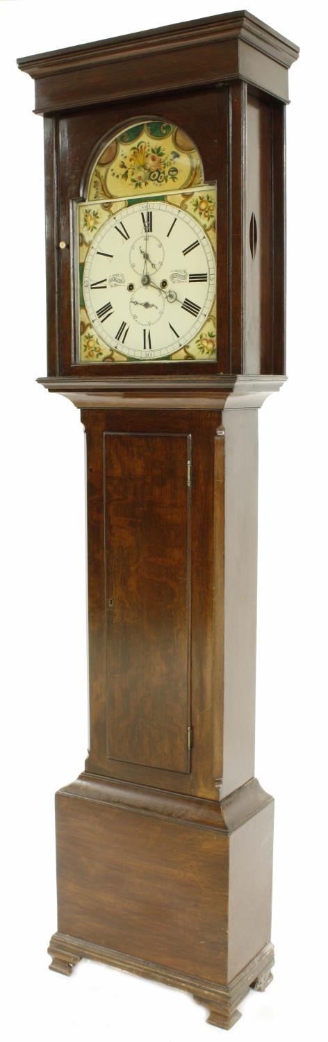 Oak eight day longcase clock, the 14" painted arched dial signed Geo Moore, Cumnock, with subsidiary - Bild 2 aus 5