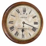 Oak single fusee 12" wall dial clock, inscribed L.M.S, Joyce, Whitchurch 155, within a turned oak