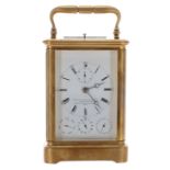 Good Bourdin repeater calendar carriage clock with alarm, the white enamel dial inscribed Bourdin