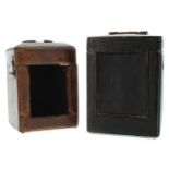 Two old Morocco leather travelling carriage clock cases, 8" and 7.5" high respectively (2)