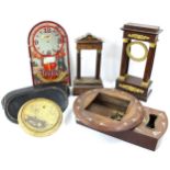 Two old portico clock cases, drop dial clock case, various clock stands and a Whitbread Trophy