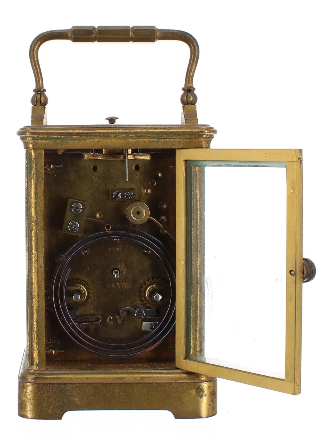 French repeater carriage clock striking on a gong, the movement back plate stamped C.V, no. 31586, - Image 4 of 4