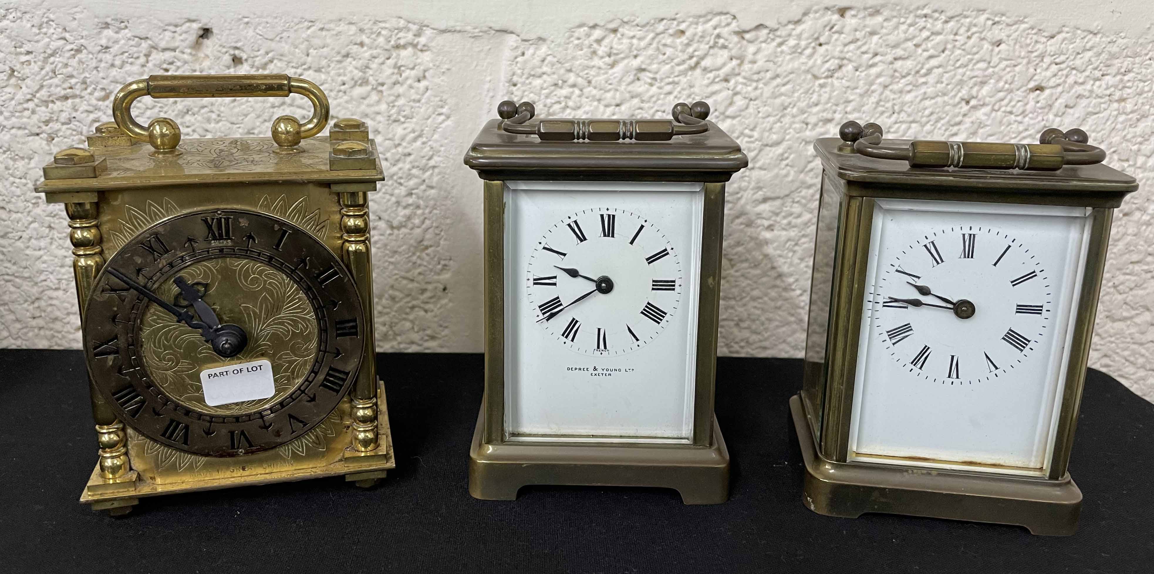 Carriage clock timepiece, the dial signed Depree & Young Ltd, Exeter, within a corniche brass