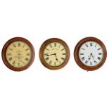 Two train 12" wall dial clock striking on a gong (pendulum); also another mahogany 12" single