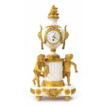 Good French ormolu and white marble pillar mantel clock timepiece, the 2.5" floral painted dial