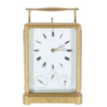 Fine Paul Garnier repeater carriage clock with calendar and alarm, the white enamel dial signed by