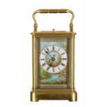 Good French repeating and porcelain panelled carriage clock striking on a gong, the movement back