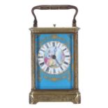 French repeater carriage clock striking on a gong, the porcelain dial painted with a seated lady