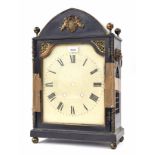 18th century ebonised bracket clock case and dial, within a gilt metal mounted case surmounted by