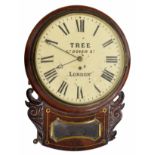 Mahogany single fusee 12" drop dial wall clock signed Tree, Gt Dover St, London, within a turned