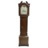 Oak and mahogany eight day longcase clock, the 12" painted arched dial with moon phase and marine