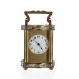 French miniature champleve carriage clock timepiece, the 1.5" white dial within a gilt mask and