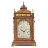 Good English faded mahogany triple fusee original  verge bracket clock with alarm, the 8" silvered