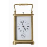 Repeater alarm carriage clock striking on a gong, within a corniche gilded brass case, 6.5" high (