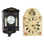 Ebonised Black Forest wall clock striking on a gong, the 4" white dial flanked by painted