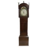 Mahogany eight day longcase clock, the 13" raised and painted arched dial with subsidiary seconds