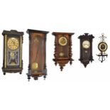 American ebonised two train wall clock, 28" high (pendulum); also two small two train Vienna type