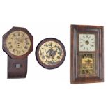 Mahogany single fusee 12" drop dial wall clock; also a mahogany single fusee 12" wall dial clock,